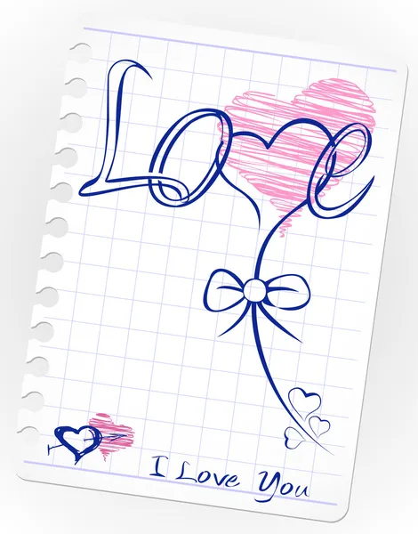 Love doodles card. Set icon - hand drawn hearts on lined paper. — Stock Vector