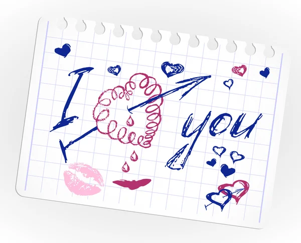Älska doodles. ställa ikonen - hand ritade hjärtan på linjerat papper. — Stock vektor