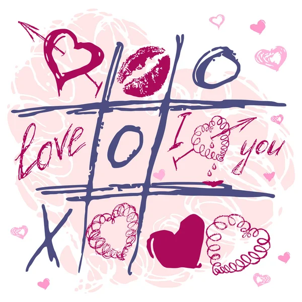 Hand drawn vector Tic Tac Toe Love kiss Hearts. Stock Illustration