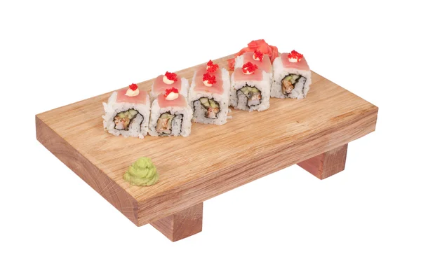 Sushi rolky na dřevo stojan — Stock fotografie