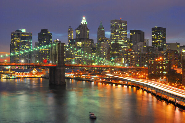 The Brooklyn Bridge Juxtaposed against the downtown New York City Skyline.