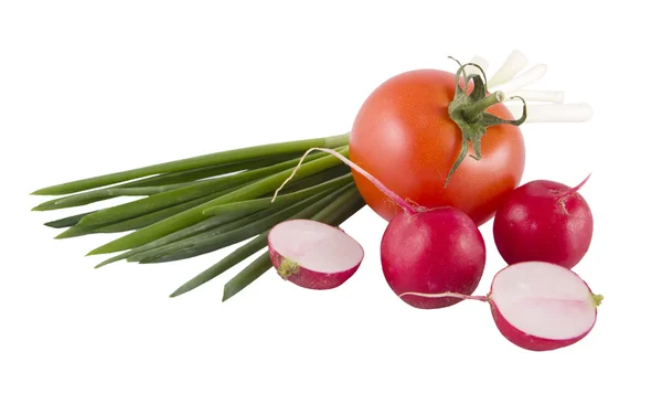 Vårlök, tomat och rädisa — Stockfoto