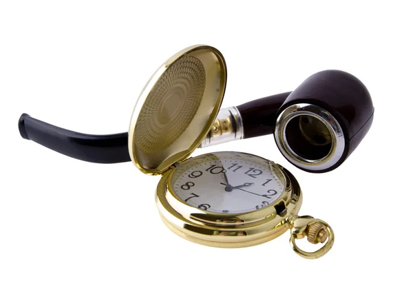 Um relógio é bolso e tubo de fumar — Fotografia de Stock