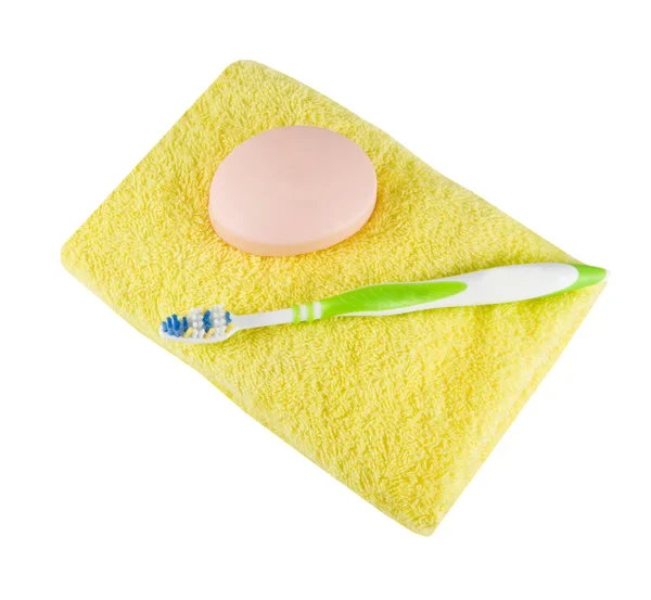 Cepillo de dientes, jabón y toalla — Foto de Stock
