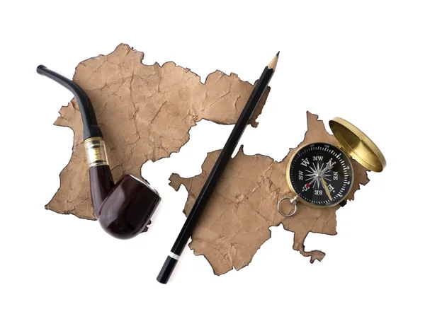 Kompas, roken buis en potlood — Stockfoto