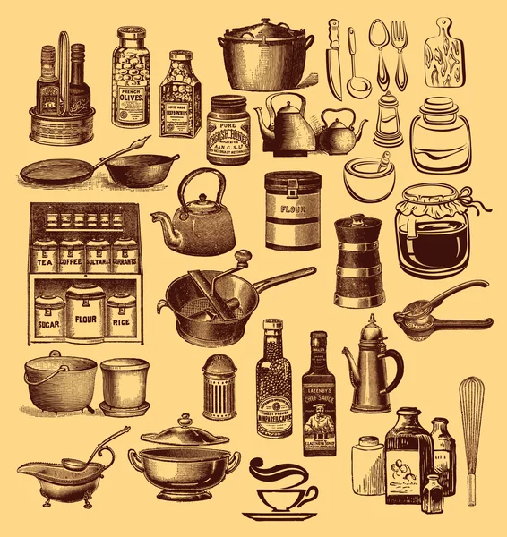 Conjunto vintage de acessórios de cozinha e utensílios — Fotografia de Stock