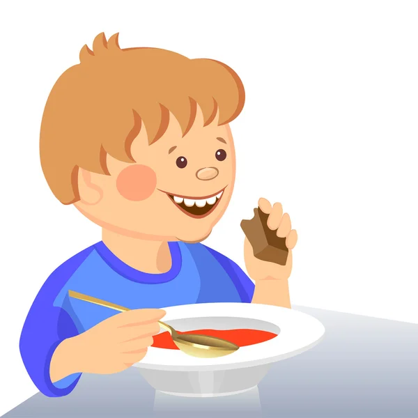 Vector bébé garçon mange avec une cuillère d'un bol — Image vectorielle