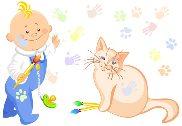 矢量婴儿男孩和一只猫，绘图 — 图库矢量图片
