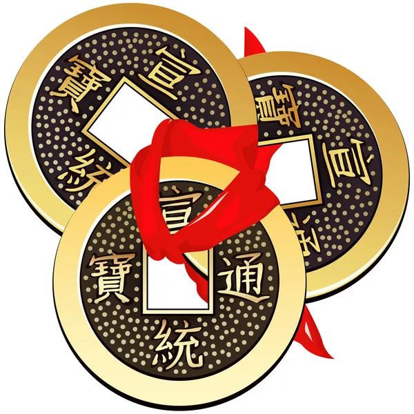 Vetor três moedas chinesas antigas Feng Shui amarrado com fita vermelha —  Vetores de Stock