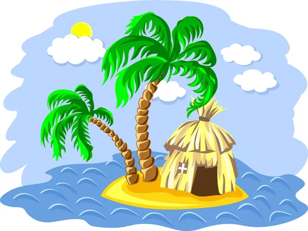 Vector dos palmeras y cabaña en una isla en el océano — Vector de stock