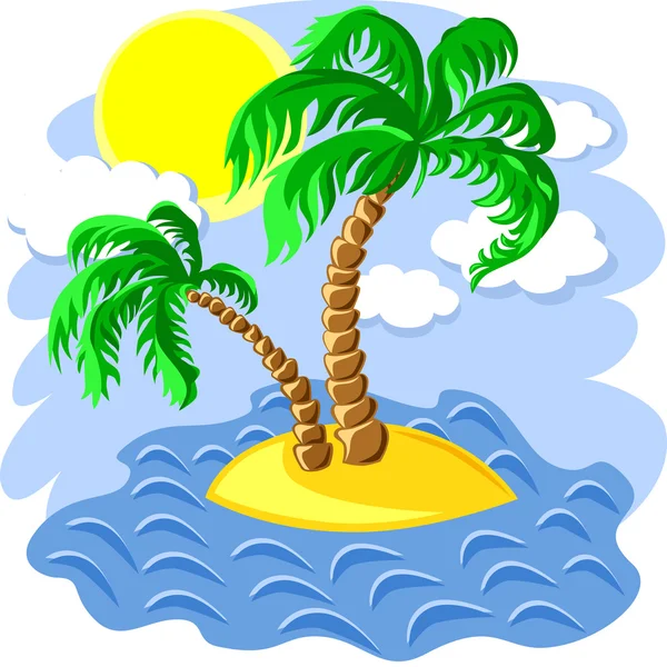 Vector två palmer på en ö i havet vid lunchtid — Stock vektor