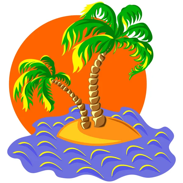 Vector two palm trees on an island in the ocean at sunset — Stock Vector