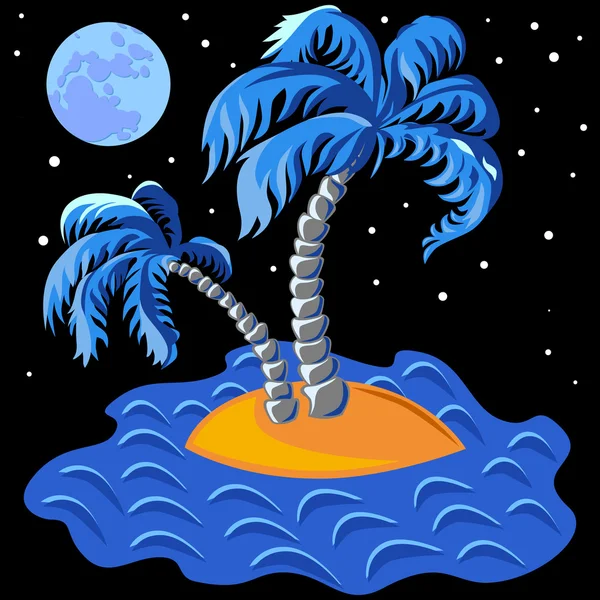 Vector two palm trees on an island in the ocean at midnight — Stock Vector