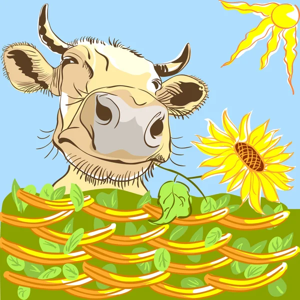 Векторная смешная корова жует цветок — стоковый вектор
