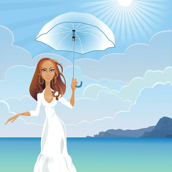 Vector chica con un paraguas junto al mar — Archivo Imágenes Vectoriales