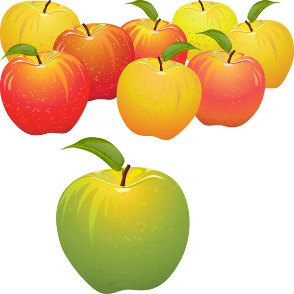 Pomme verte vectorielle vs ensemble de pommes rouges et jaunes — Image vectorielle