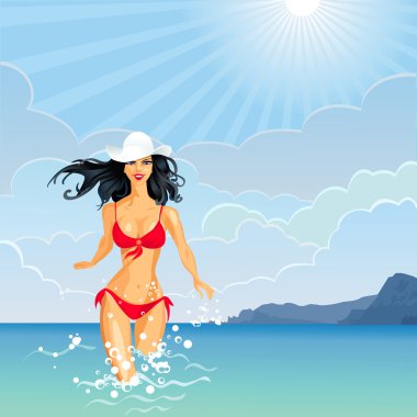 Vector brunette Girl and the Sea clipart