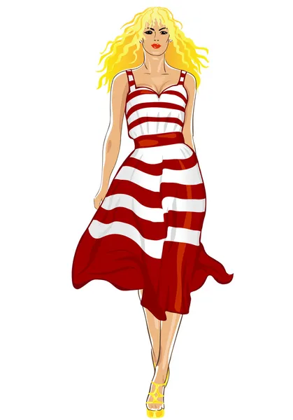 Vector beautiful girl in a striped dress — Stock Vector