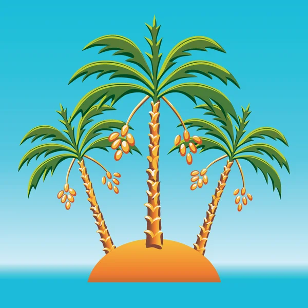 Vector three date palm trees on an island in the ocean — Stock Vector