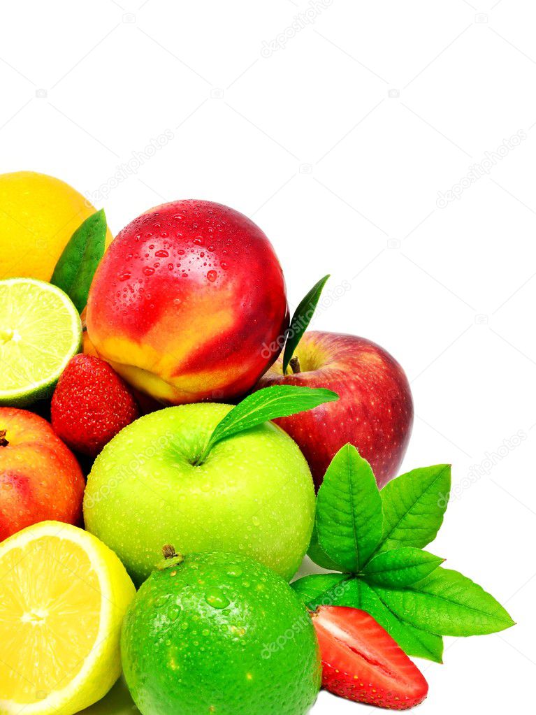 A bunch of mixed fruit on a white background