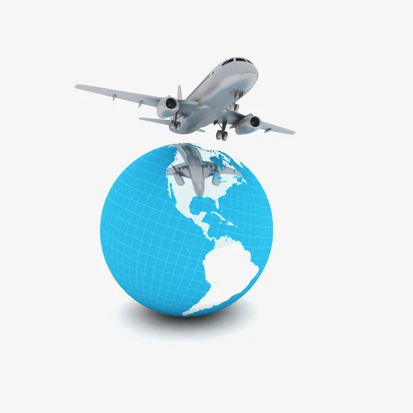 Plane flying over the globe — Stock Photo, Image