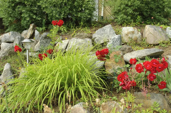 Каменный сад с солнечной лампой — стоковое фото