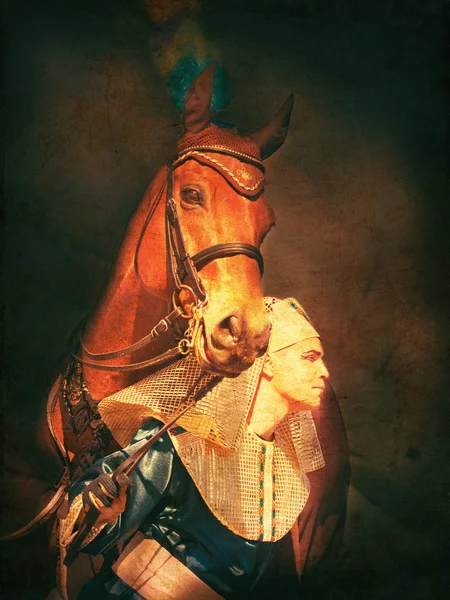 Pharaoh with horse vintage toned — Stock Photo, Image
