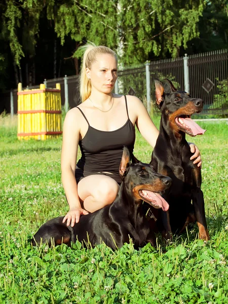 Pretty women with own dobermans — Stock Photo, Image