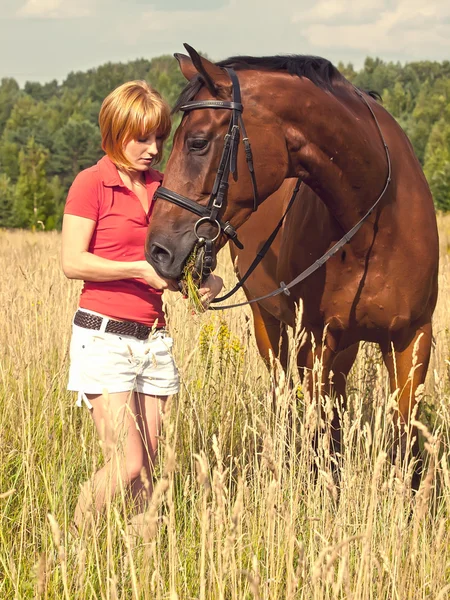 彼女の馬を持つ若い女の子 — ストック写真