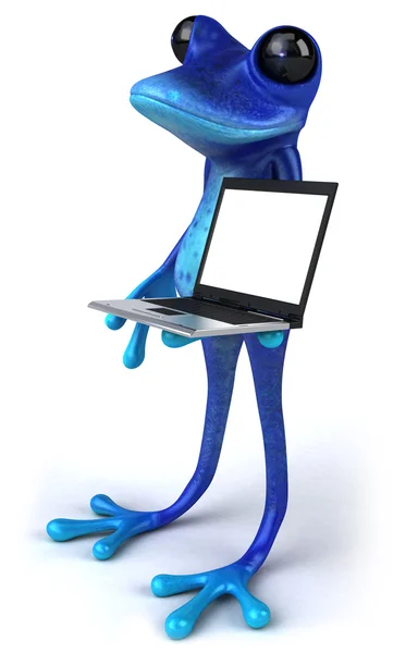 用一台笔记本电脑蓝色青蛙 — 图库照片
