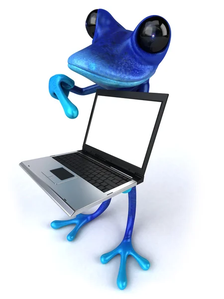 Μπλε βάτραχος με ένα φορητό υπολογιστή — Φωτογραφία Αρχείου