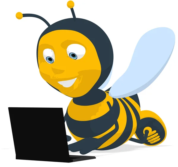 Веселая пчела с ноутбуком — стоковое фото