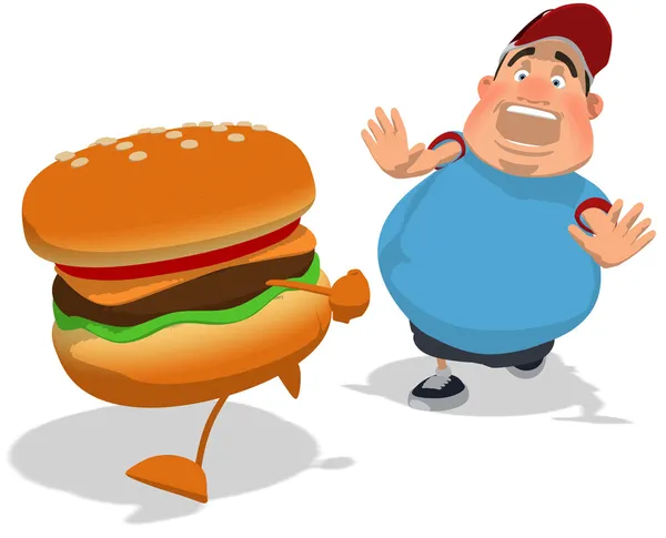 Miúdo gordo depois de um hambúrguer — Fotografia de Stock