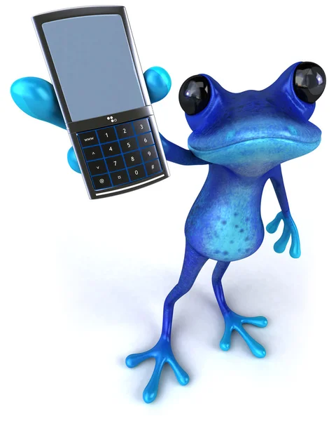 Blauwe grappige kikker met mobiele telefoon — Stockfoto