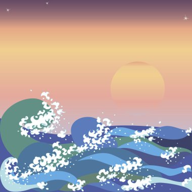 Sunset & sea waves in japanese style clipart