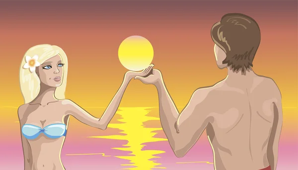 Birbirlerine aşık çiftler gün batımında sahilde — Stok Vektör