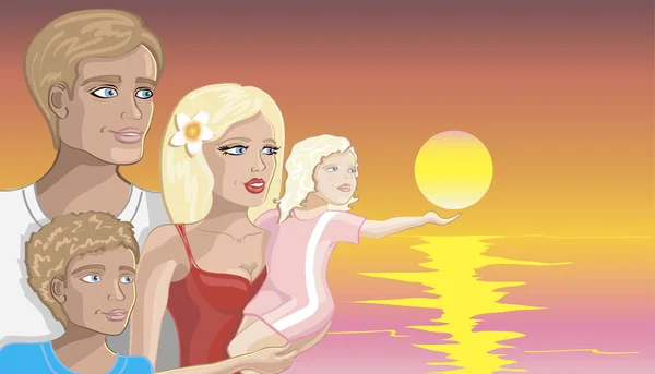 Mutlu aile gün batımında sahilde