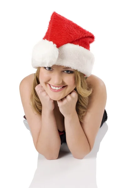 Девушка-портрет в Санта-Клаусе улыбается — стоковое фото