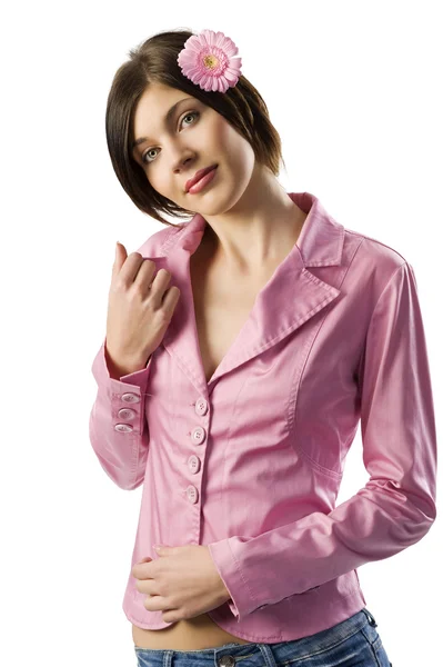 Pink jacket girl with flower — Stock Photo, Image