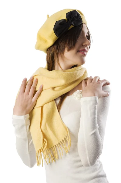Menina agradável em branco e amarelo — Fotografia de Stock