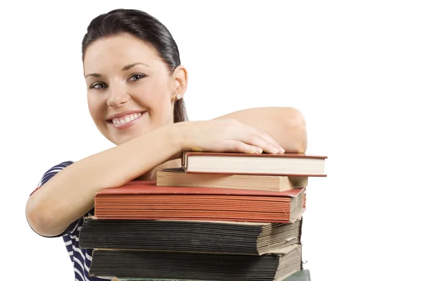 Student leende över bok — Stockfoto
