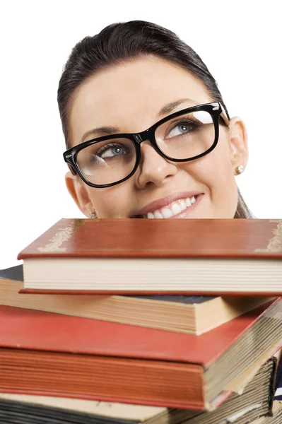 Μαθητής με γυαλιά πίσω από τα βιβλία — Φωτογραφία Αρχείου