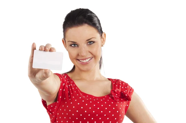 Mulher sorridente com cartão — Fotografia de Stock