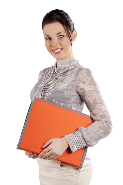 Женщина с оранжевой папкой — стоковое фото