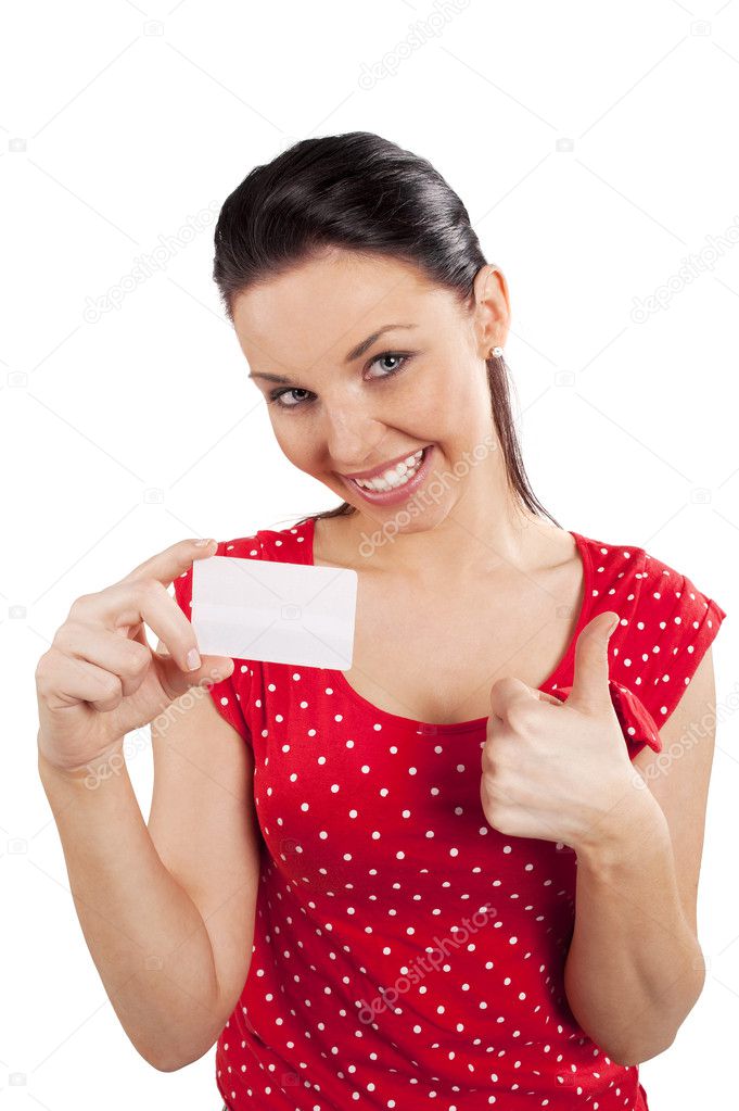 Woman in red with card smiling