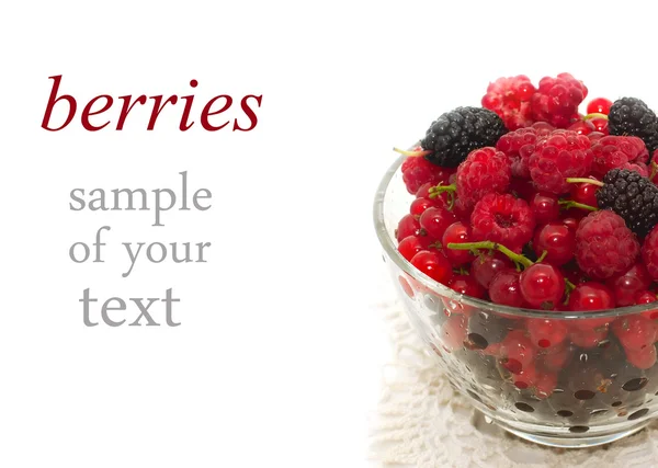 Assorti of fresh berries in glass bowl — Stock Photo, Image