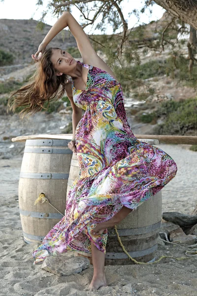 Beautiful brunette woman in romantic summer dress — Stock Photo, Image