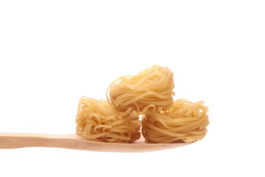 Bakmi on a wooden spoon isolated on a white background clipart