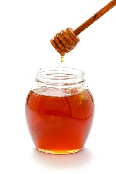 Honig mit Löffel und Glas — Stockfoto