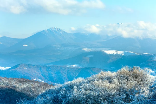 最初の冬の雪と山のブナ林 — ストック写真